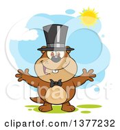 Poster, Art Print Of Cartoon Groundhog Wearing A Hat And Welcoming Under Sunshine