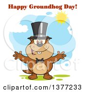 Cartoon Groundhog Wearing A Hat And Welcoming With Text And Sunshine