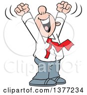 Poster, Art Print Of Cartoon Happy White Business Man Cheering With His Arms Above His Head