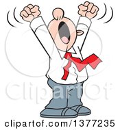 Cartoon White Business Man Doing A Big Yawn With His Arms Above His Head
