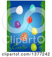 Poster, Art Print Of 3d Shiny Patterned Easter Eggs Over Blue With Text And Borders Of Grass