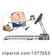 Poster, Art Print Of Cartoon White Business Man Holding A Coffee And Running On A Treadmill