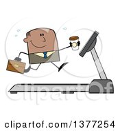 Poster, Art Print Of Cartoon Black Business Man Holding A Coffee And Running On A Treadmill