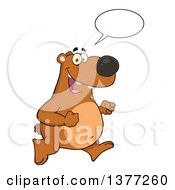 Clipart Of A Cartoon Happy Brown Bear Talking And Running Upright Royalty Free Vector Illustration by Hit Toon