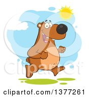 Clipart Of A Cartoon Happy Brown Bear Running Upright On A Sunny Day Royalty Free Vector Illustration