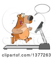 Poster, Art Print Of Cartoon Happy Brown Bear Talking And Running Upright On A Treadmill