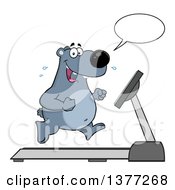 Poster, Art Print Of Cartoon Happy Bear Talking And Running Upright On A Treadmill