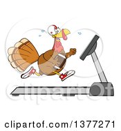 Poster, Art Print Of Cartoon Thanksgiving Turkey Bird Super Bowl Football Player Running On A Treadmill