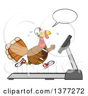 Poster, Art Print Of Cartoon Thanksgiving Turkey Bird Super Bowl Football Player Talking And Running On A Treadmill