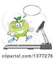 Poster, Art Print Of Healthy Fit Green Apple Running And Talking On A Treadmill