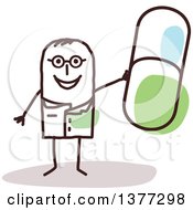 Stick Male Doctor Or Pharmacist Holding Up A Pill