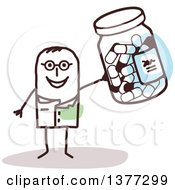 Stick Male Doctor Or Pharmacist Holding Up A Pill Bottle