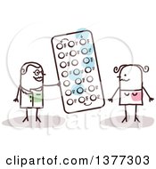Clipart Of A Stick Female Doctor And Patient Discussing Oral Contraceptive Pills Royalty Free Vector Illustration