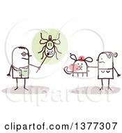 Poster, Art Print Of Stick Male Doctor Or Veterinarian Discussing Ticks With A Woman And Her Dog