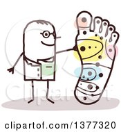 Clipart Of A Stick Male Doctor Discussing Foot Reflexology Royalty Free Vector Illustration