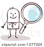 Clipart Of A Stick Business Man Holding A Magnifying Glass Royalty Free Vector Illustration