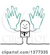 Clipart Of A Stick Business Man Holding Up Big Hands With Crossed Fingers Royalty Free Vector Illustration