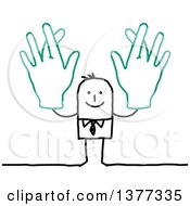 Stick Business Man Holding Up Big Hands With Crossed Fingers