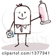 Poster, Art Print Of Stick Business Man Holding A Condom And Packaging