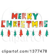 Poster, Art Print Of Sketched Red Green And Yellow Merry Christmas Greeting With Trees