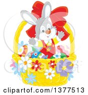 Poster, Art Print Of Happy Easter Bunny Rabbit Welcoming Inside A Basket With Eggs