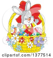 Poster, Art Print Of Happy Gray Easter Bunny Rabbit Welcoming Inside A Basket With Eggs