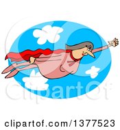 Chubby White Female Super Hero Flying Against A Sky Oval