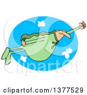 Poster, Art Print Of Chubby White Male Super Hero Flying In A Green Suit Over A Sky Oval