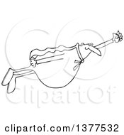 Clipart Of A Black And White Chubby Male Super Hero Flying Royalty Free Vector Illustration