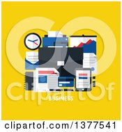 Poster, Art Print Of Flat Design Briefcase And Office Accessories Over Business Text On Yellow