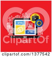 Poster, Art Print Of Flat Design Laptop And Charts Over Doodles And Business Text On Red