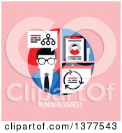 Poster, Art Print Of Flat Design Business Man With A Network And Clipboard Over Human Resources Text On Pink