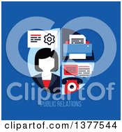 Poster, Art Print Of Flat Design Business Woman With A Printer And Telephone Over Public Relations Text On Blue
