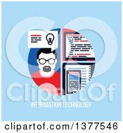 Poster, Art Print Of Flat Design Man With A Smart Phone And Computer Over Information Technology Text On Blue
