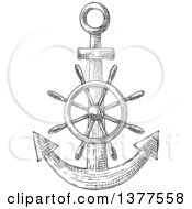 Poster, Art Print Of Black And White Sketched Anchor And Helm