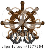 Clipart Of A Sketched Ship Steering Helm With Ropes And Anchors Royalty Free Vector Illustration