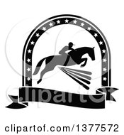 Black And White Silhouetted Rider On A Horse Laping Over A Fence Inside A Star Arch And Banner