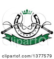 Poster, Art Print Of Black And White Equestrian Riding Crop Whips Over A Horseshoe With A Green Crown And Blank Banner