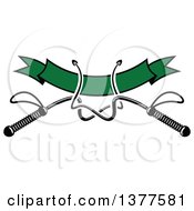 Clipart Of Black And White Equestrian Riding Crop Whips Over A Blank Green Banner Royalty Free Vector Illustration
