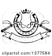 Poster, Art Print Of Black And White Equestrian Riding Crop Whips Over A Horseshoe With A Crown And Blank Banner