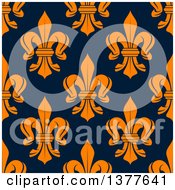 Clipart Of A Seamless Pattern Background Of Orange Fleur De Lis On Navy Blue Royalty Free Vector Illustration