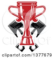 Clipart Of A Red Racing Trophy Cup Outlined In White Over Crossed Black Pistons Royalty Free Vector Illustration