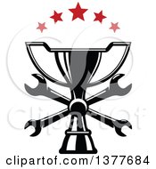 Clipart Of A Black And White Trophy With Crossed Wrenches And Red Stars Royalty Free Vector Illustration