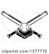 Clipart Of A Black And White Baseball On A Base And Crossed Bats Royalty Free Vector Illustration