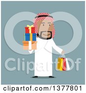 Poster, Art Print Of Flat Design Arabian Business Man Holding Gifts And Shopping Bags On Blue