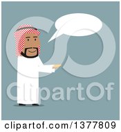 Flat Design Arabian Business Man Holding Out Coins And Talking On Blue