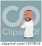 Poster, Art Print Of Flat Design Arabian Business Man Using A Compass On Blue