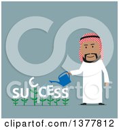 Poster, Art Print Of Flat Design Arabian Business Man Watering Success Plants On Blue