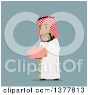Poster, Art Print Of Flat Design Arabian Business Man Dumping Out A Piggy Bank On Blue