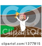 Flat Design Arabian Business Man Jumping With A Trophy On A Track On Blue